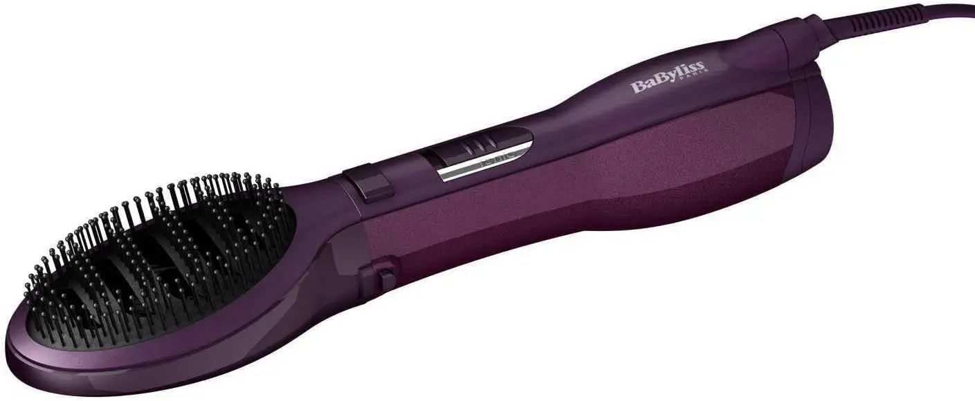 BaByliss AS115SDE paddle air brush airstyler with three attachments, featuring ionic technology and adjustable speed and temperature settings for quick drying and styling.