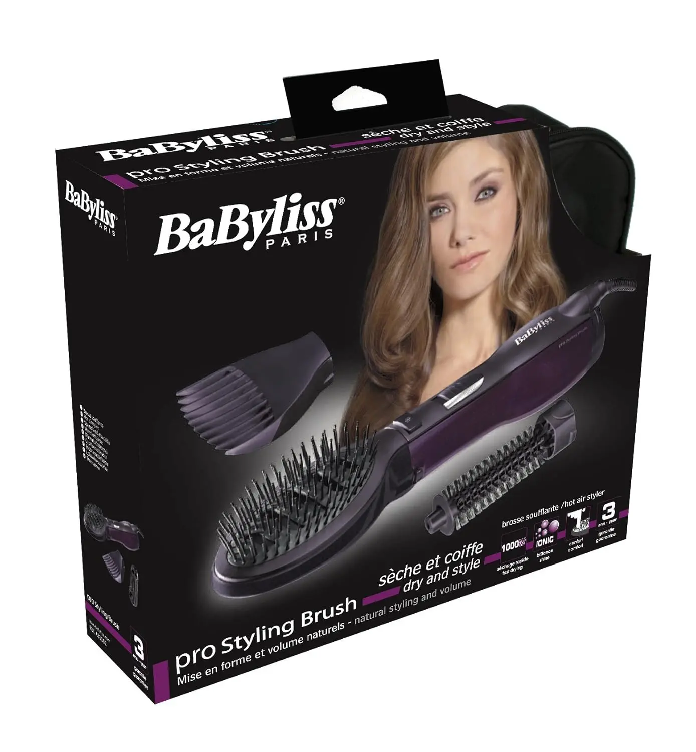 BaByliss AS115SDE paddle air brush airstyler with three attachments, featuring ionic technology and adjustable speed and temperature settings for quick drying and styling.
