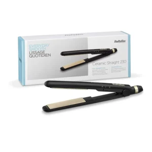 Black BaByliss ST089SDE hair straightener with grey ceramic plates, heats up in 30 seconds and offers multiple temperature settings up to 230°C for salon-quality results.