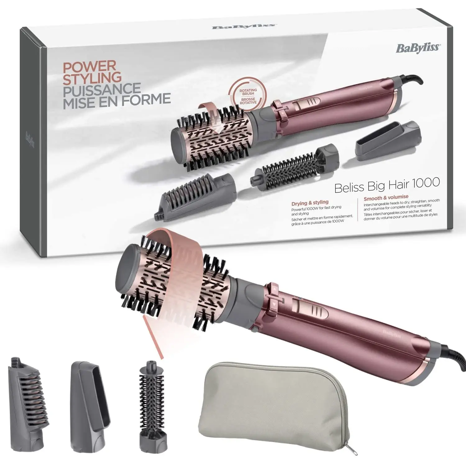 The BaByliss Salon Style 1000 is a 1000W rotating hot air styler with four attachments including a volumising brush, bristle brush, straightening attachment and drying nozzle for fast drying and styling with frizz control.