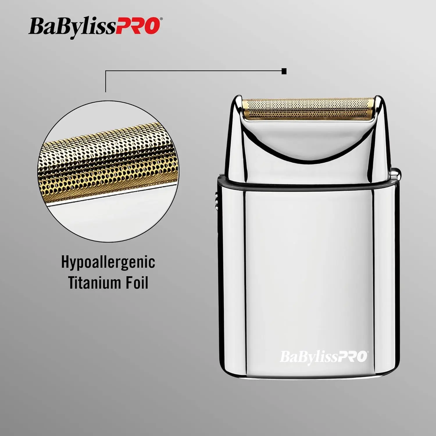 Silver BaBylissPRO cordless foil shaver with a single, hypoallergenic gold foil, perfect for close shaves on the face, neck, and hairline.