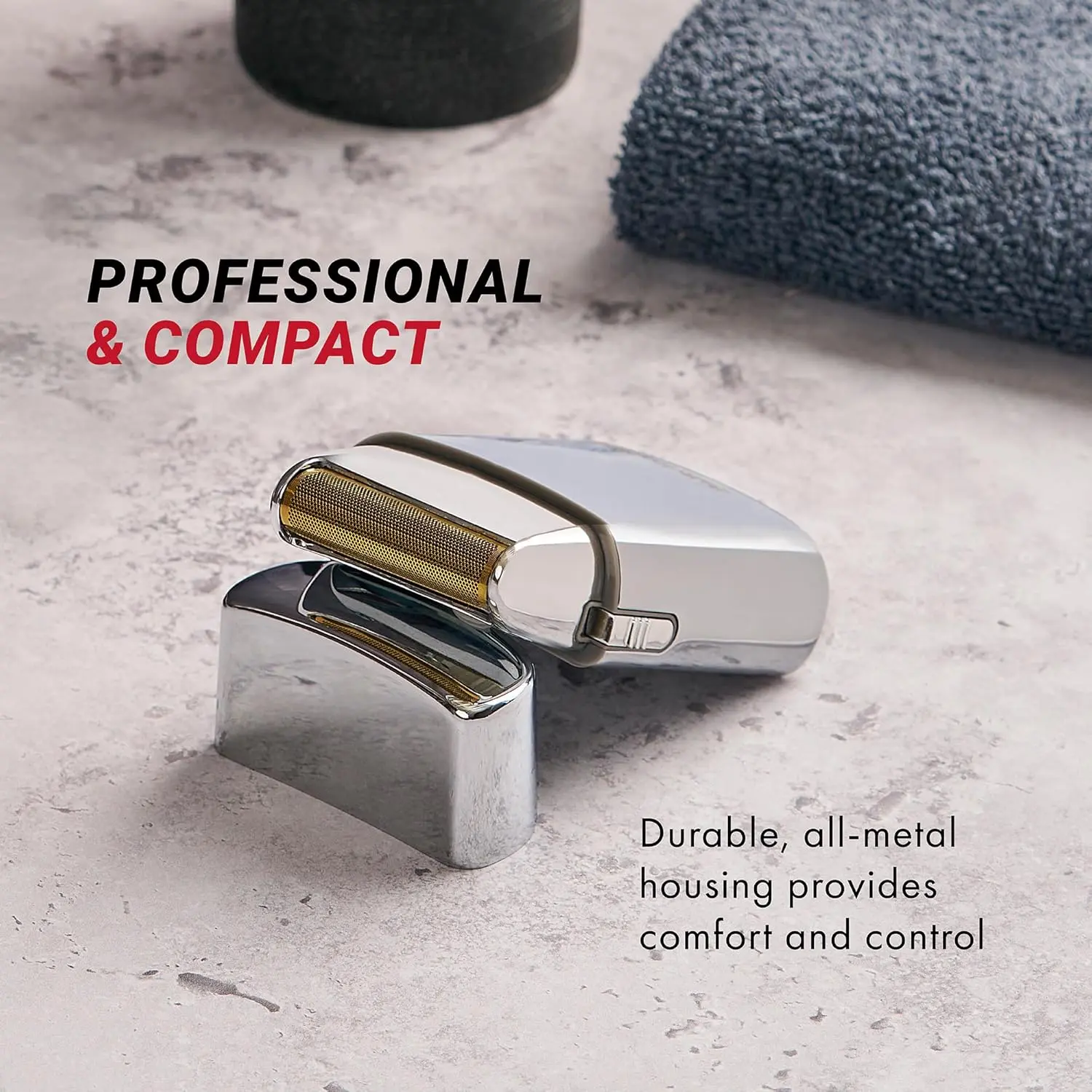 Silver BaBylissPRO cordless foil shaver with a single, hypoallergenic gold foil, perfect for close shaves on the face, neck, and hairline.