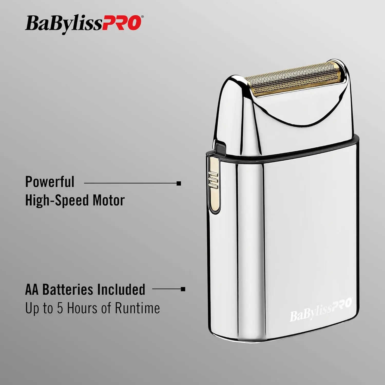 Silver BaBylissPRO cordless foil shaver with a single, hypoallergenic gold foil, perfect for close shaves on the face, neck, and hairline.