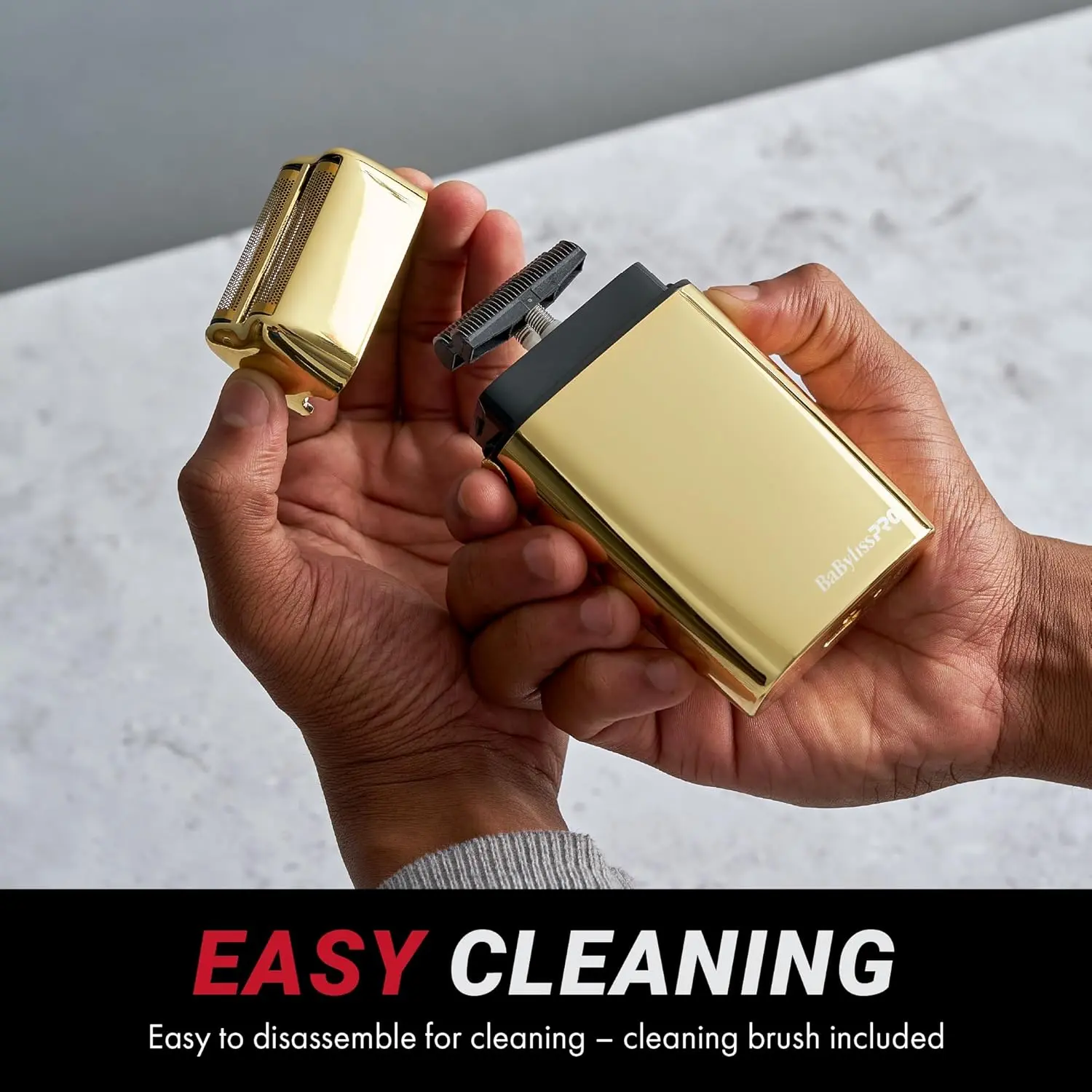 Silver BaBylissPRO cordless foil shaver with a single, hypoallergenic gold foil, perfect for close shaves on the face, neck, and hairline.