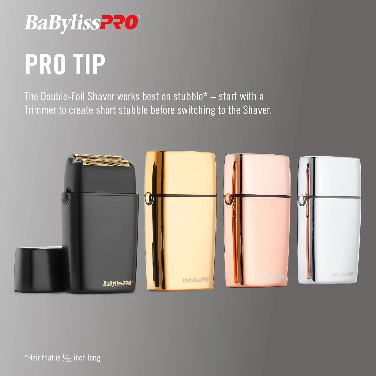 Silver BaBylissPRO cordless foil shaver with a single, hypoallergenic gold foil, perfect for close shaves on the face, neck, and hairline.