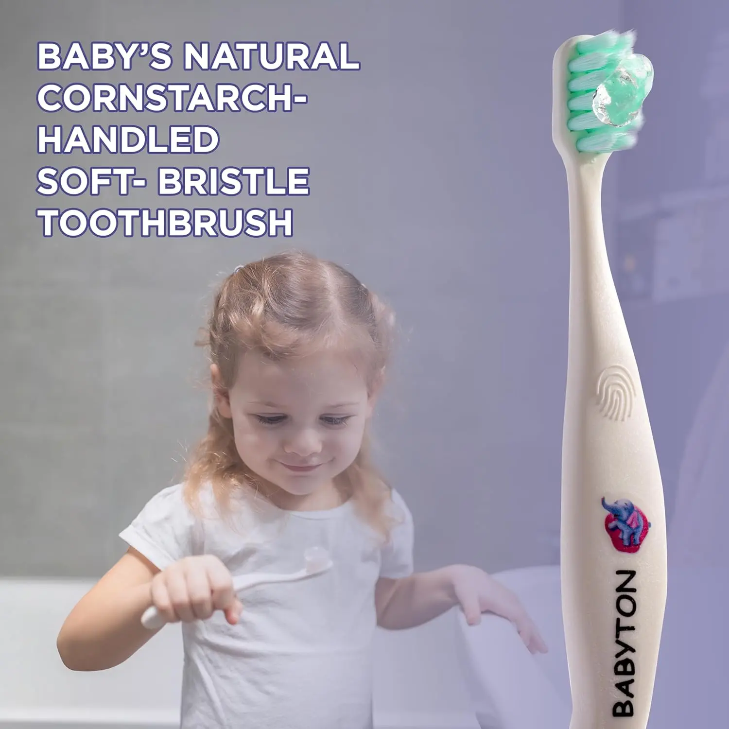 Eco-friendly Babyton bio toothbrush made from biodegradable corn cob with soft, cottony bristles and an ergonomic handle for babies and toddlers.
