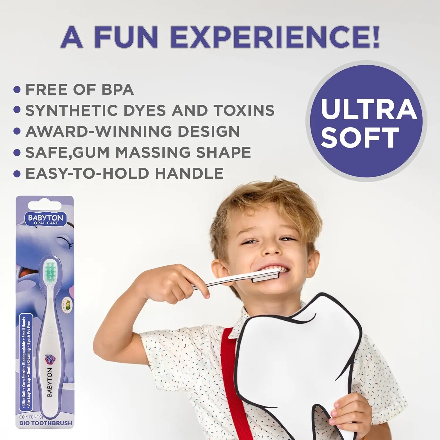 Eco-friendly Babyton bio toothbrush made from biodegradable corn cob with soft, cottony bristles and an ergonomic handle for babies and toddlers.