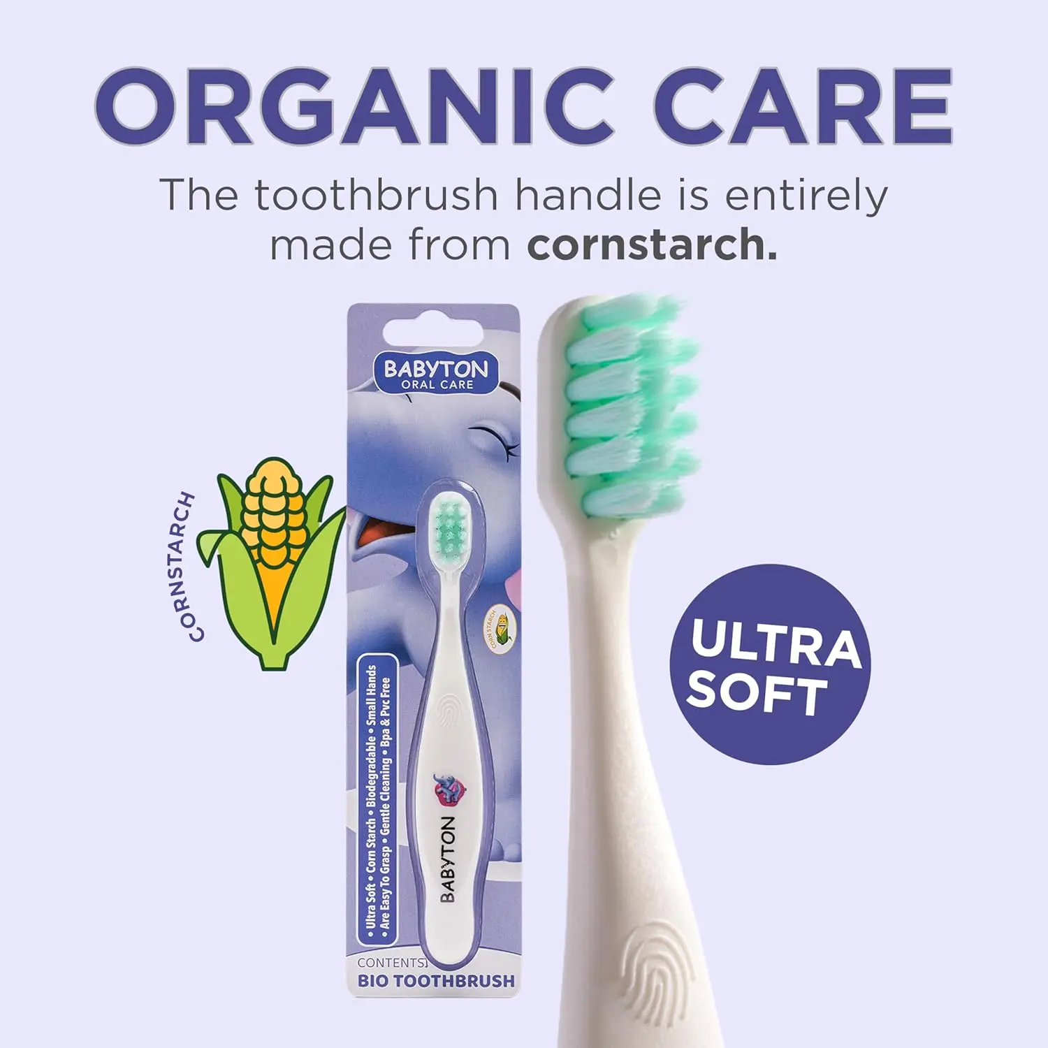 Eco-friendly Babyton bio toothbrush made from biodegradable corn cob with soft, cottony bristles and an ergonomic handle for babies and toddlers.