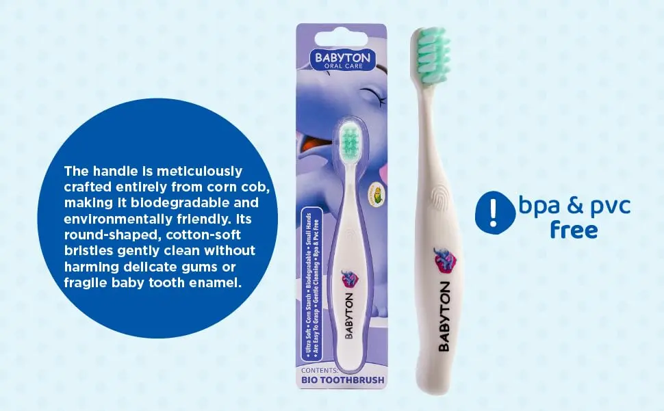 Eco-friendly Babyton bio toothbrush made from biodegradable corn cob with soft, cottony bristles and an ergonomic handle for babies and toddlers.