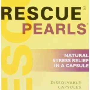 Two packs of Bach Rescue Pearls, a natural stress relief supplement made in the United States, each containing 28 capsules in a compact package.