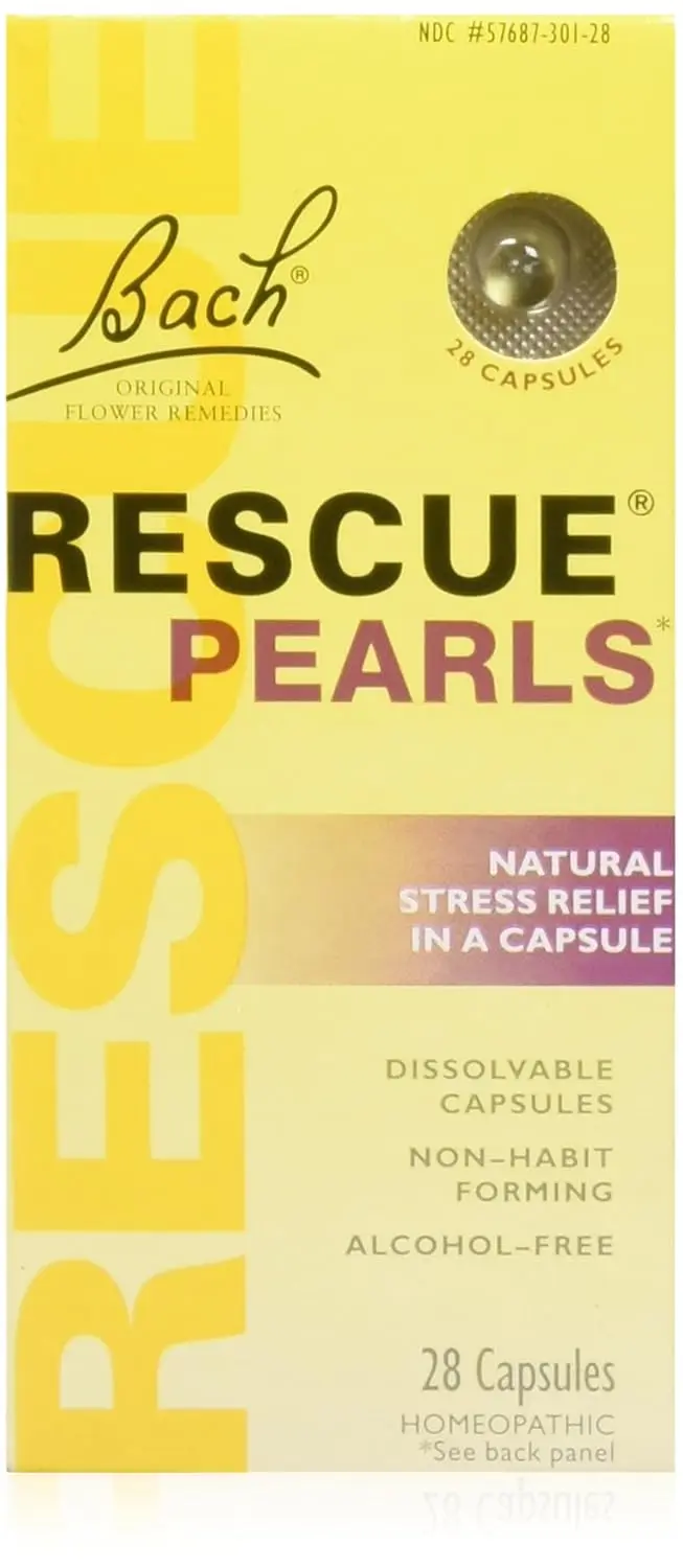 Two packs of Bach Rescue Pearls, a natural stress relief supplement made in the United States, each containing 28 capsules in a compact package.