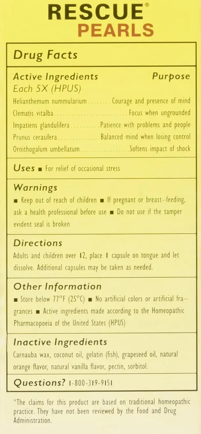 Two packs of Bach Rescue Pearls, a natural stress relief supplement made in the United States, each containing 28 capsules in a compact package.