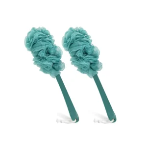 This image shows a 2-pack of blue back scrubbers with long handles and built-in loofah sponges, designed for exfoliating and cleansing hard-to-reach areas in the shower.