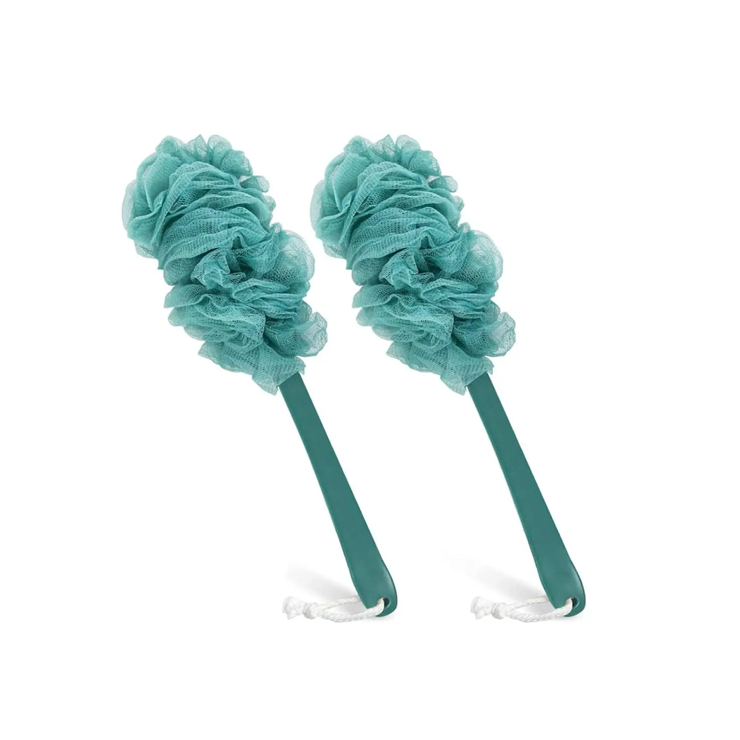 This image shows a 2-pack of blue back scrubbers with long handles and built-in loofah sponges, designed for exfoliating and cleansing hard-to-reach areas in the shower.