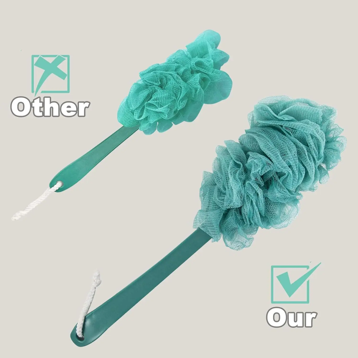 This image shows a 2-pack of blue back scrubbers with long handles and built-in loofah sponges, designed for exfoliating and cleansing hard-to-reach areas in the shower.