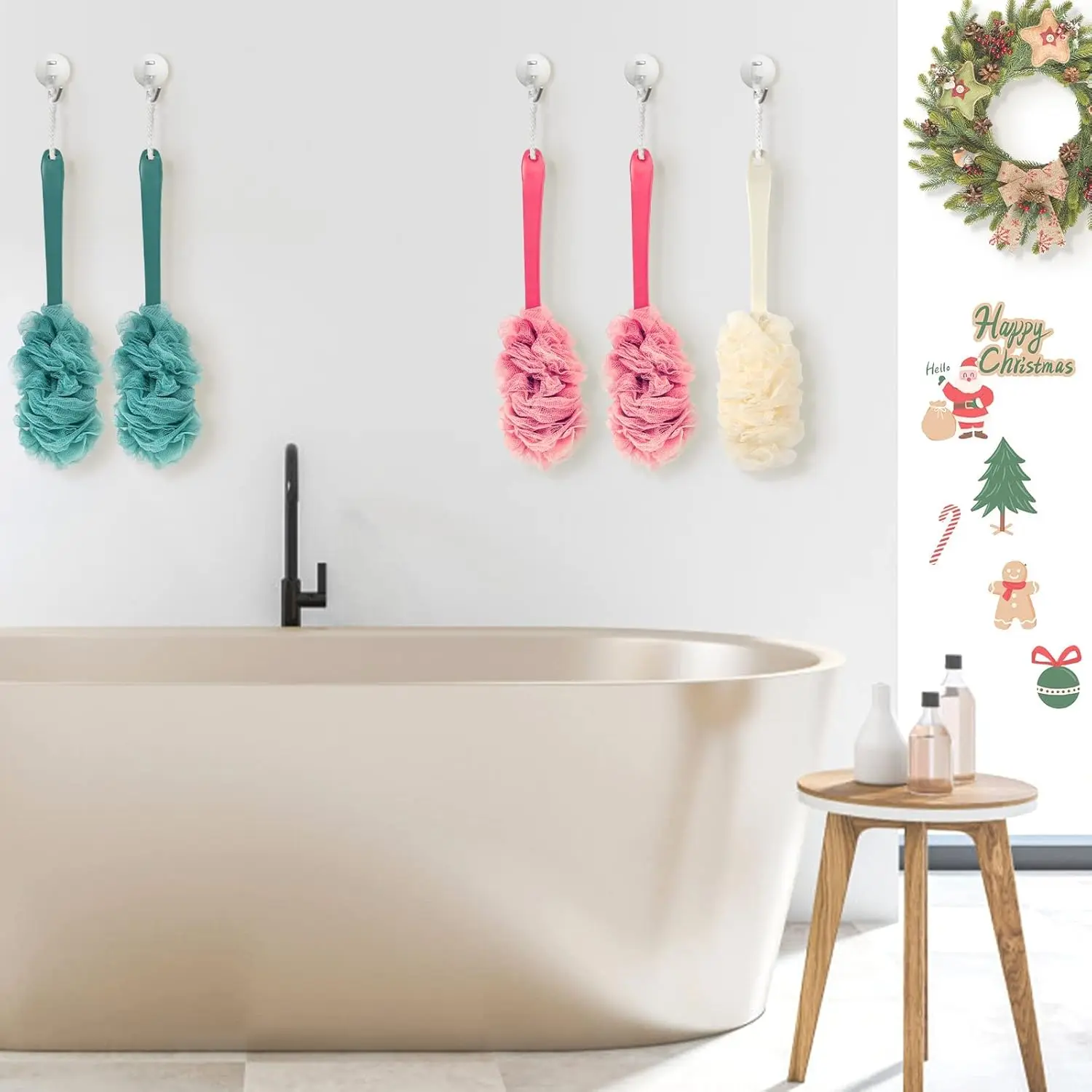 This image shows a 2-pack of blue back scrubbers with long handles and built-in loofah sponges, designed for exfoliating and cleansing hard-to-reach areas in the shower.