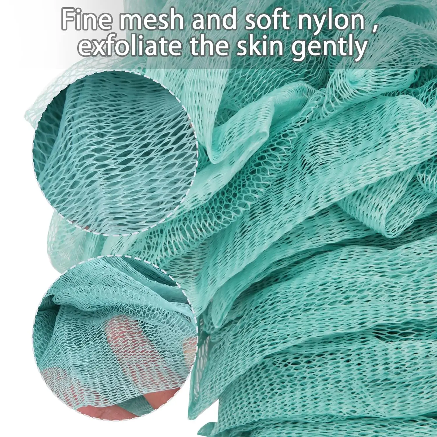 This image shows a 2-pack of blue back scrubbers with long handles and built-in loofah sponges, designed for exfoliating and cleansing hard-to-reach areas in the shower.