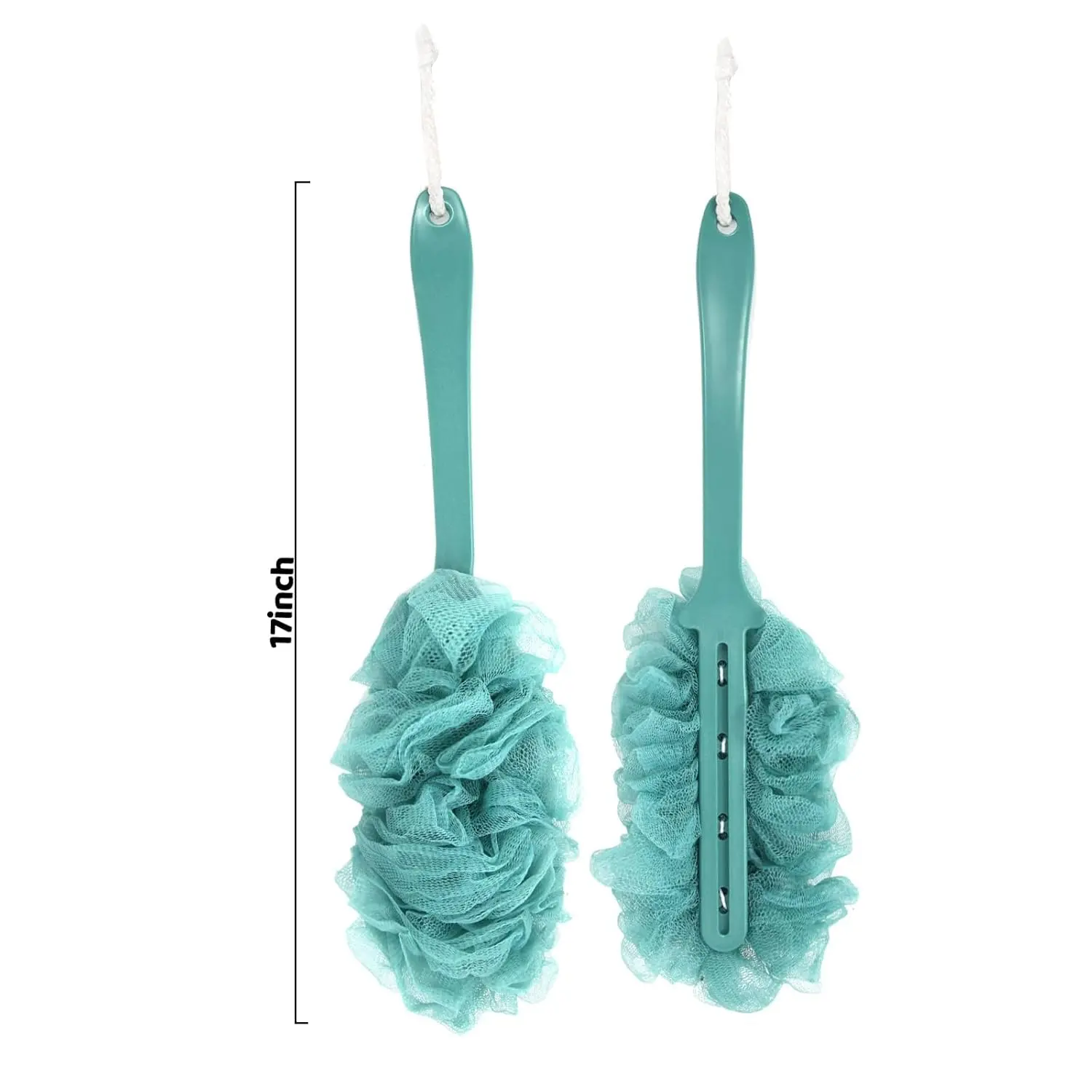 This image shows a 2-pack of blue back scrubbers with long handles and built-in loofah sponges, designed for exfoliating and cleansing hard-to-reach areas in the shower.