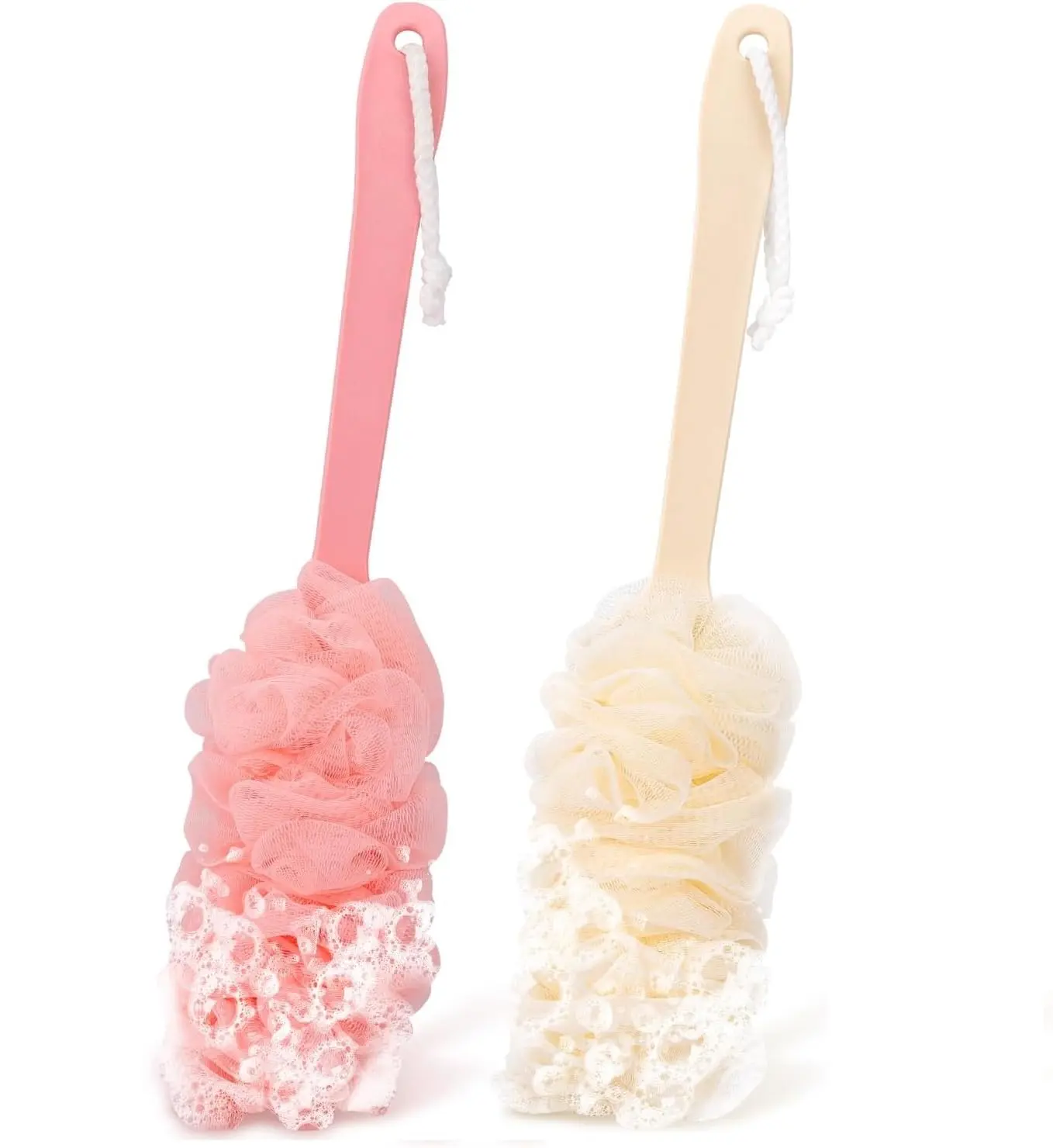 This 2-pack back scrubber set includes loofahs with long handles for easy exfoliation and cleansing in the shower, suitable for both men and women and gentle enough for all skin types.