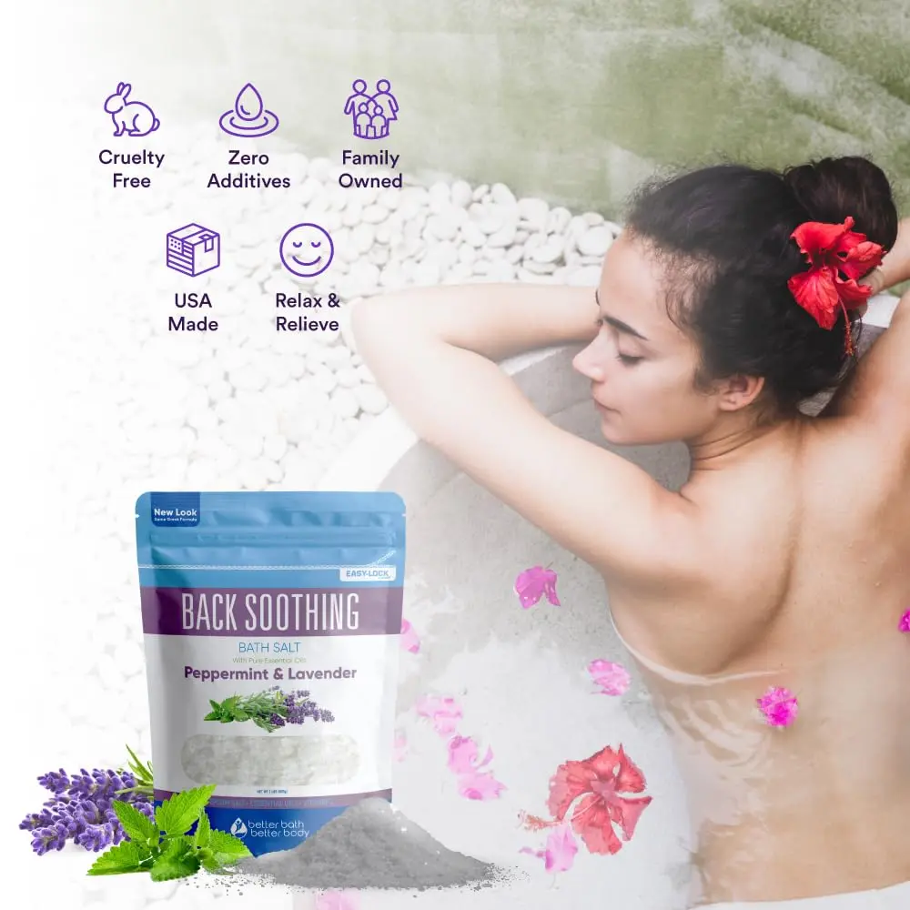 Back soothing bath salt with eucalyptus and lavender essential oils provides comfort and relief, made with USP grade Epsom salt and vitamin C crystals.