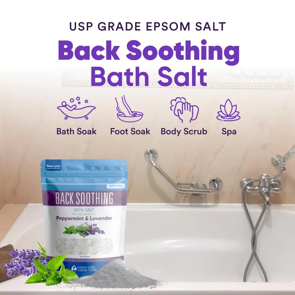 Back soothing bath salt with eucalyptus and lavender essential oils provides comfort and relief, made with USP grade Epsom salt and vitamin C crystals.