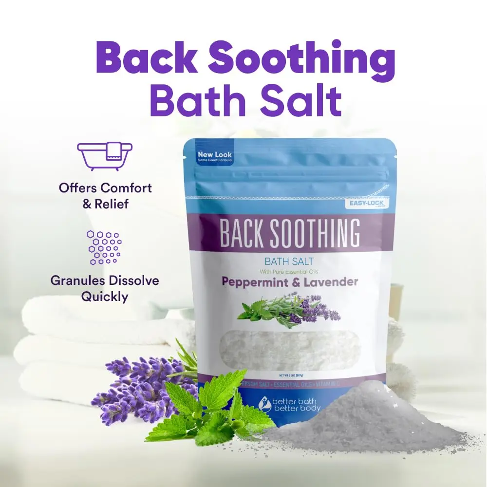 Back soothing bath salt with eucalyptus and lavender essential oils provides comfort and relief, made with USP grade Epsom salt and vitamin C crystals.