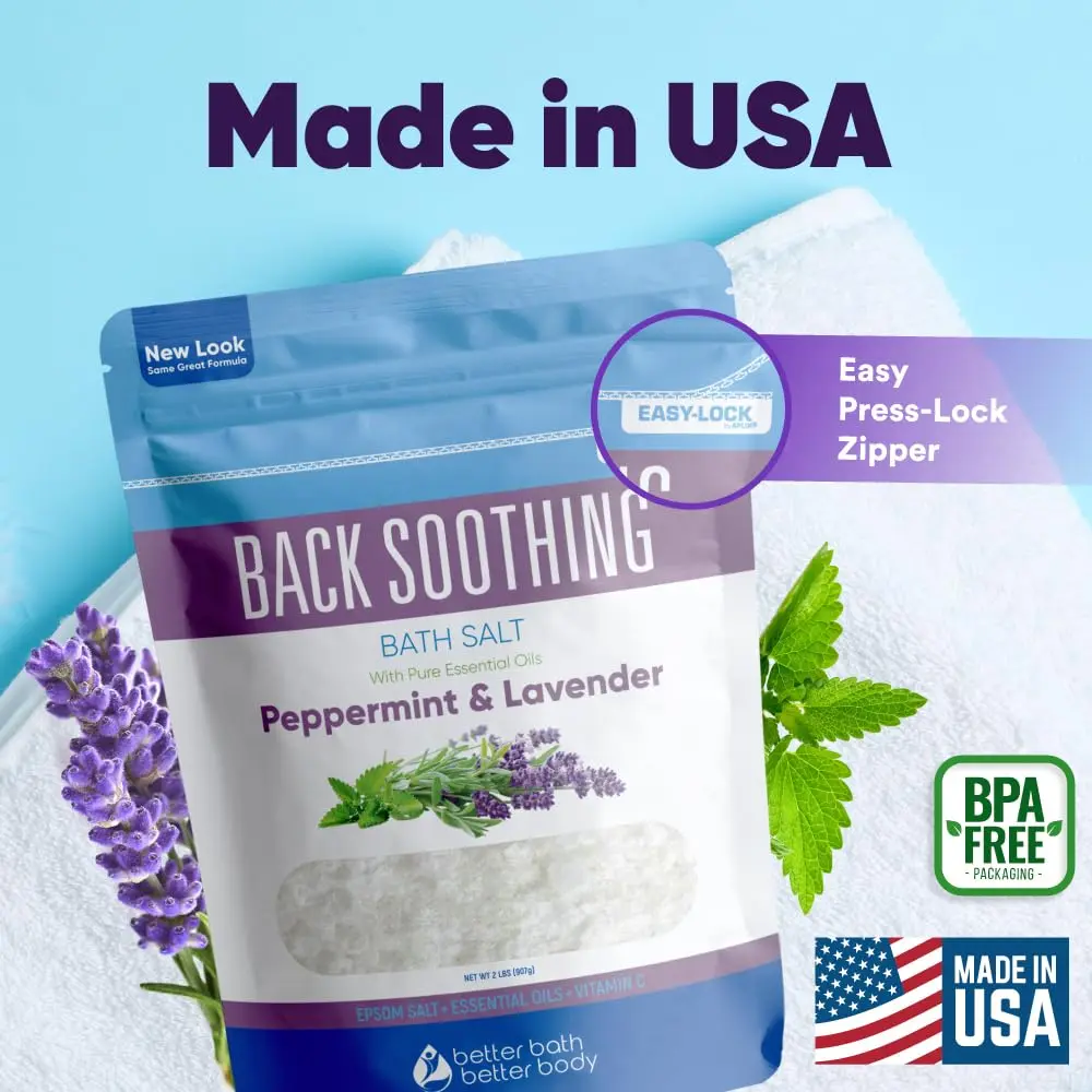Back soothing bath salt with eucalyptus and lavender essential oils provides comfort and relief, made with USP grade Epsom salt and vitamin C crystals.