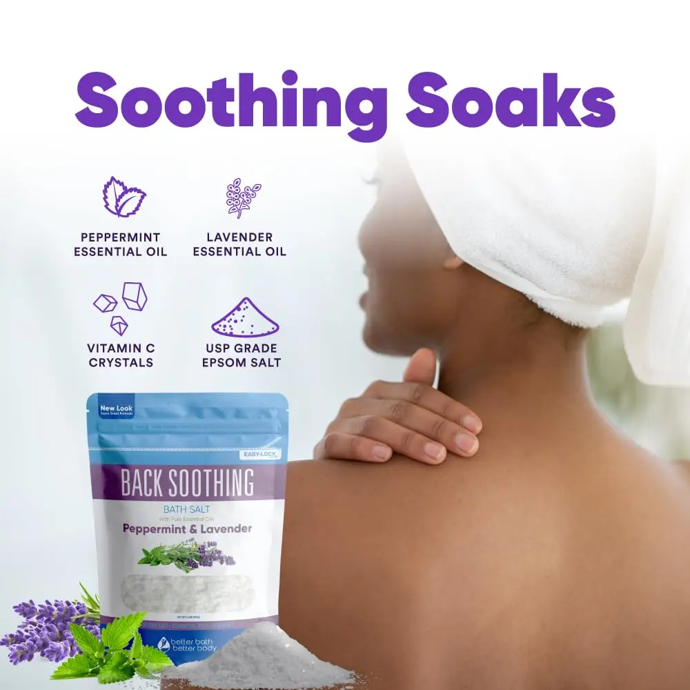 Back soothing bath salt with eucalyptus and lavender essential oils provides comfort and relief, made with USP grade Epsom salt and vitamin C crystals.