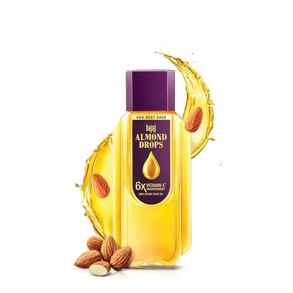 Bajaj Almond Drops hair oil enriched with Vitamin E and almond goodness, strengthens hair, reduces hair fall, and adds natural shine for all hair types.