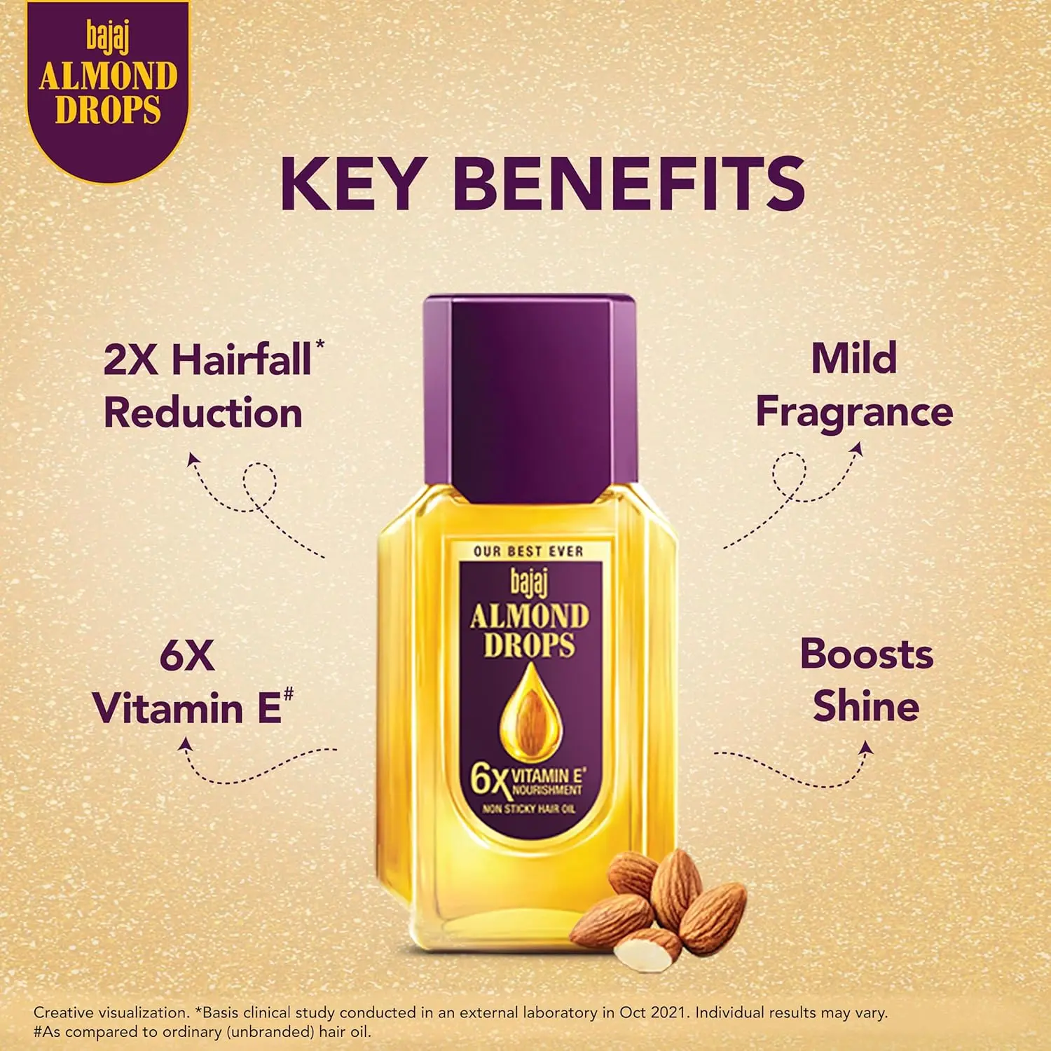 Bajaj Almond Drops hair oil enriched with Vitamin E and almond goodness, strengthens hair, reduces hair fall, and adds natural shine for all hair types.