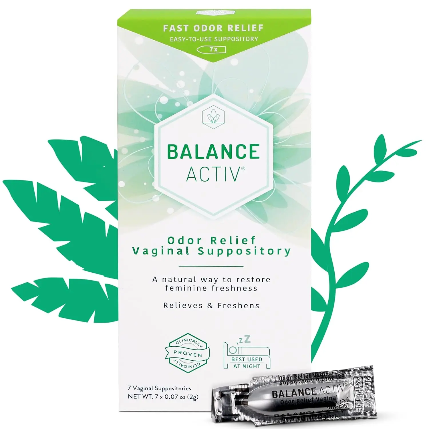 Balance Activ vaginal suppository provides fast, clinically proven odor relief, restoring natural pH balance and vaginal flora for feminine freshness.