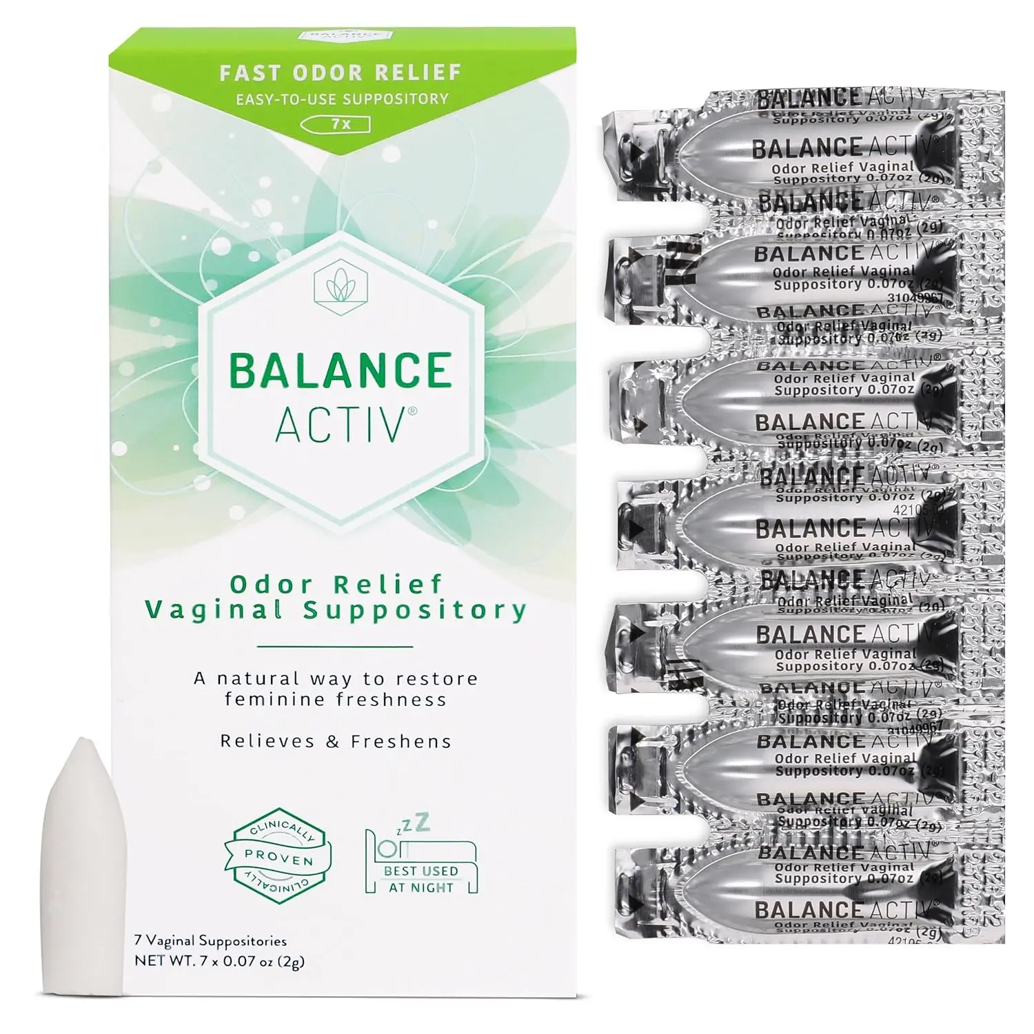Balance Activ vaginal suppository provides fast, clinically proven odor relief, restoring natural pH balance and vaginal flora for feminine freshness.