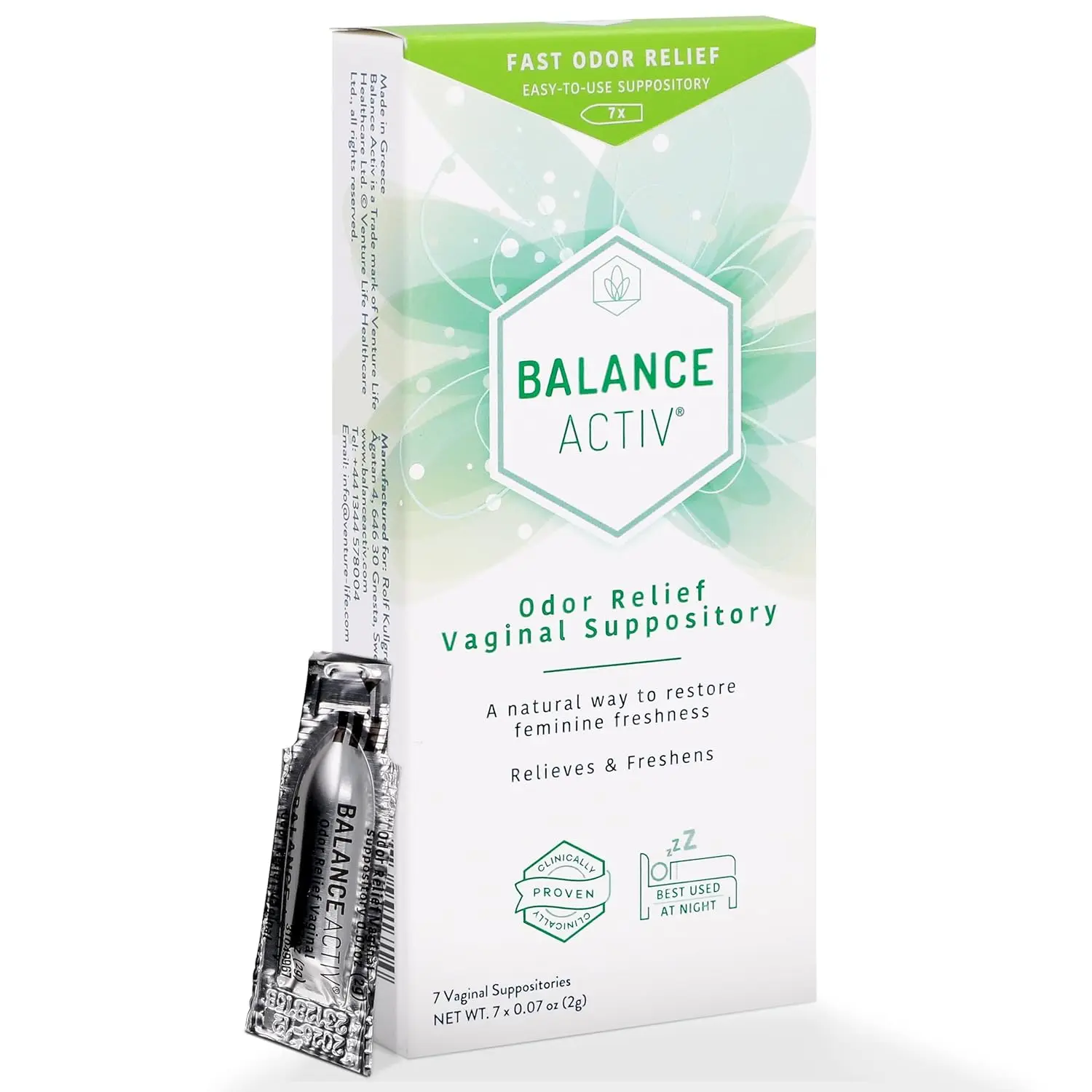 Balance Activ vaginal suppository provides fast, clinically proven odor relief, restoring natural pH balance and vaginal flora for feminine freshness.