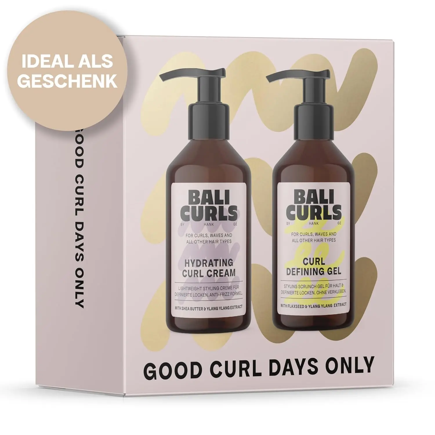 The Bali Curls Curl Defining Set, including hydrating cream and defining gel, provides moisture, definition, and flexible hold for smooth, naturally shiny curls.