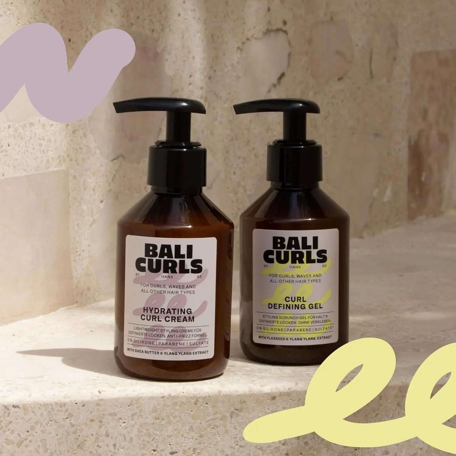 The Bali Curls Curl Defining Set, including hydrating cream and defining gel, provides moisture, definition, and flexible hold for smooth, naturally shiny curls.