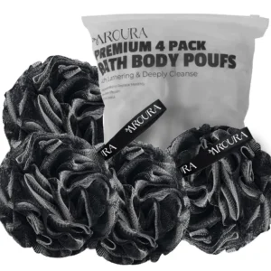 This image displays a four-pack of black Aroura shower puffs infused with bamboo charcoal, offering deep cleansing and exfoliation for healthy skin.