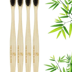 This eco-friendly bamboo toothbrush set features four biodegradable toothbrushes with soft bristles for gentle teeth whitening and comfortable gum care.