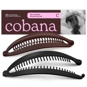 This two-piece set of Cobana banana hair clips in black and brown provides volumizing, non-slip hold for styling thick or thin hair into a chic updo without creases or damage.