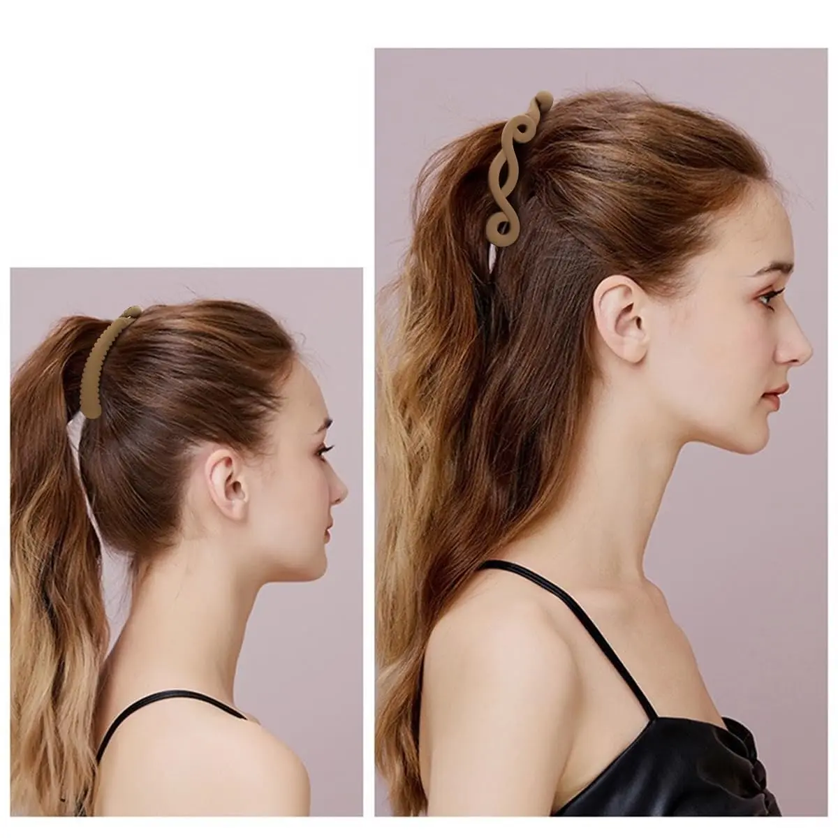 Six banana hair clips in assorted colors and curved styles for creating 80s and 90s-inspired hairstyles, offering a strong hold for ponytails and buns.