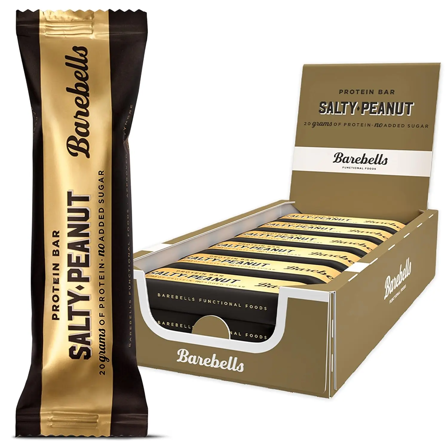 Twelve Barebells Salty Peanut protein bars, each containing 20 grams of protein and no added sugar, offer a delicious and healthy snack alternative.
