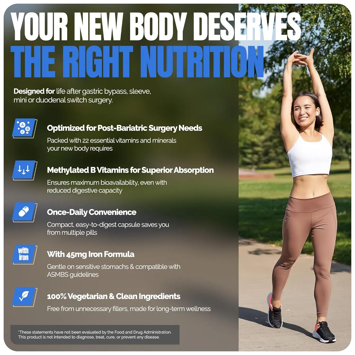 Shiny Leaf bariatric multivitamin with 45mg of iron and methylated B12 and folate, designed for gastric bypass and sleeve gastrectomy patients for maximum absorption and energy.