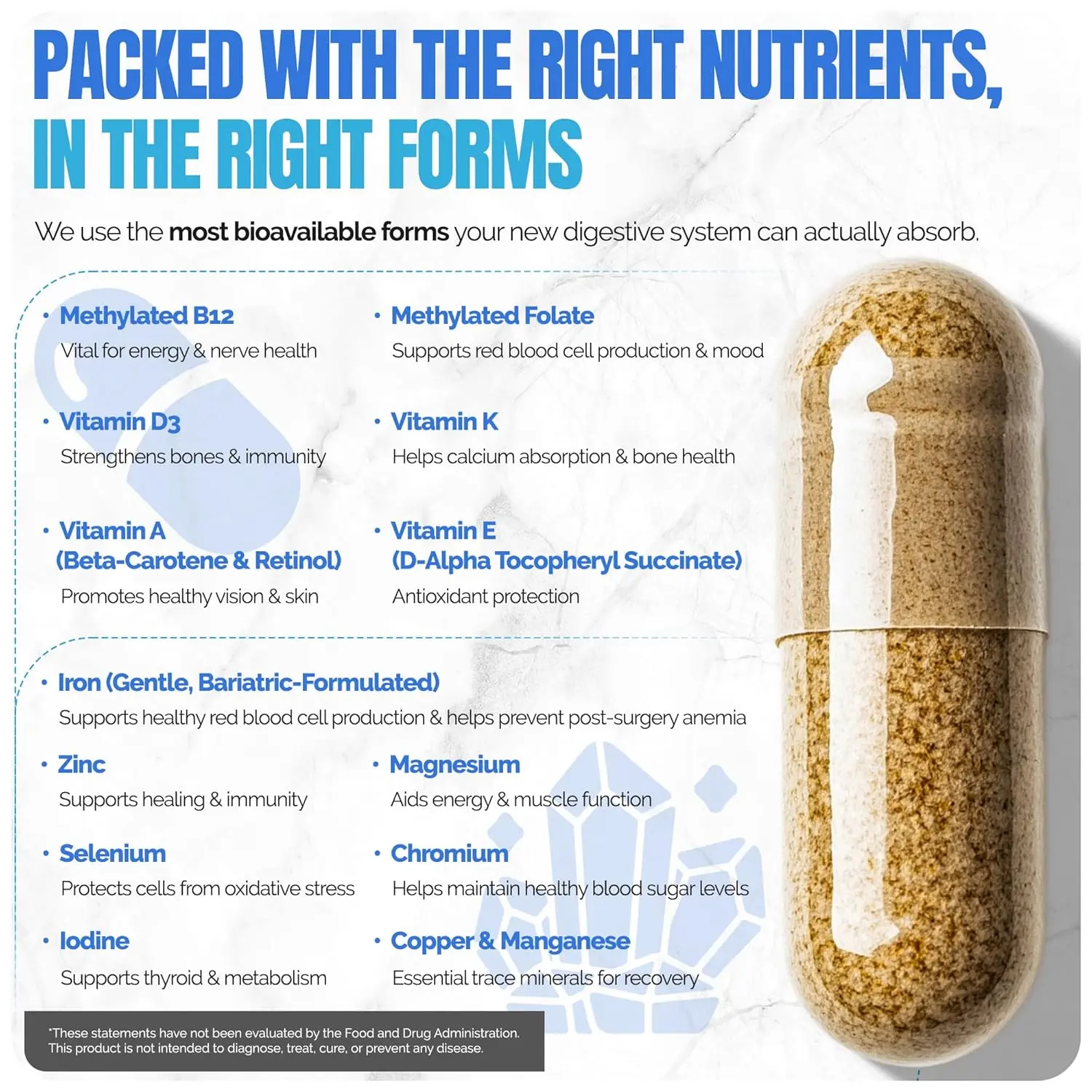 Shiny Leaf bariatric multivitamin with 45mg of iron and methylated B12 and folate, designed for gastric bypass and sleeve gastrectomy patients for maximum absorption and energy.