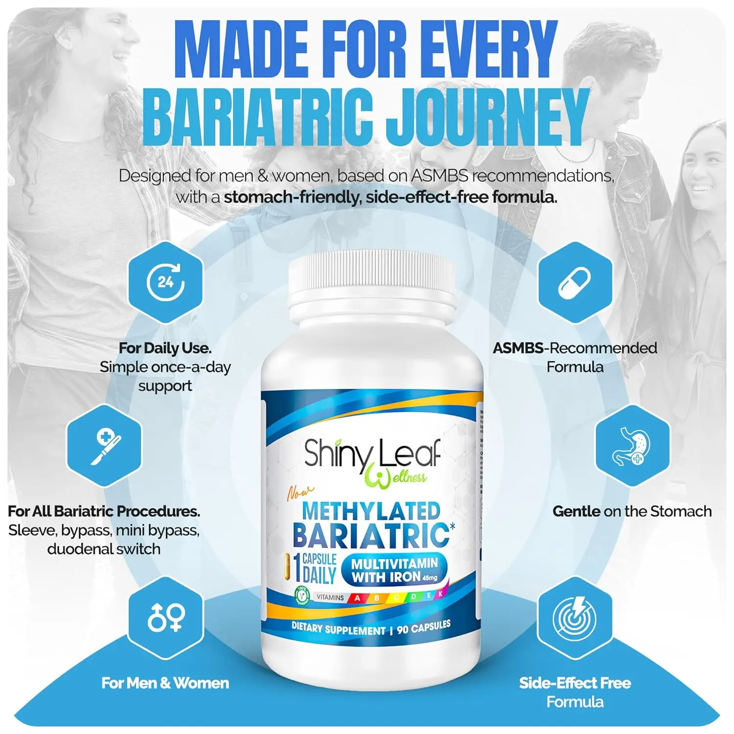 Shiny Leaf bariatric multivitamin with 45mg of iron and methylated B12 and folate, designed for gastric bypass and sleeve gastrectomy patients for maximum absorption and energy.