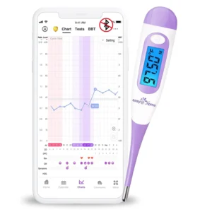 Digital basal body thermometer with a backlit screen for ovulation tracking and natural family planning using the Premom app.