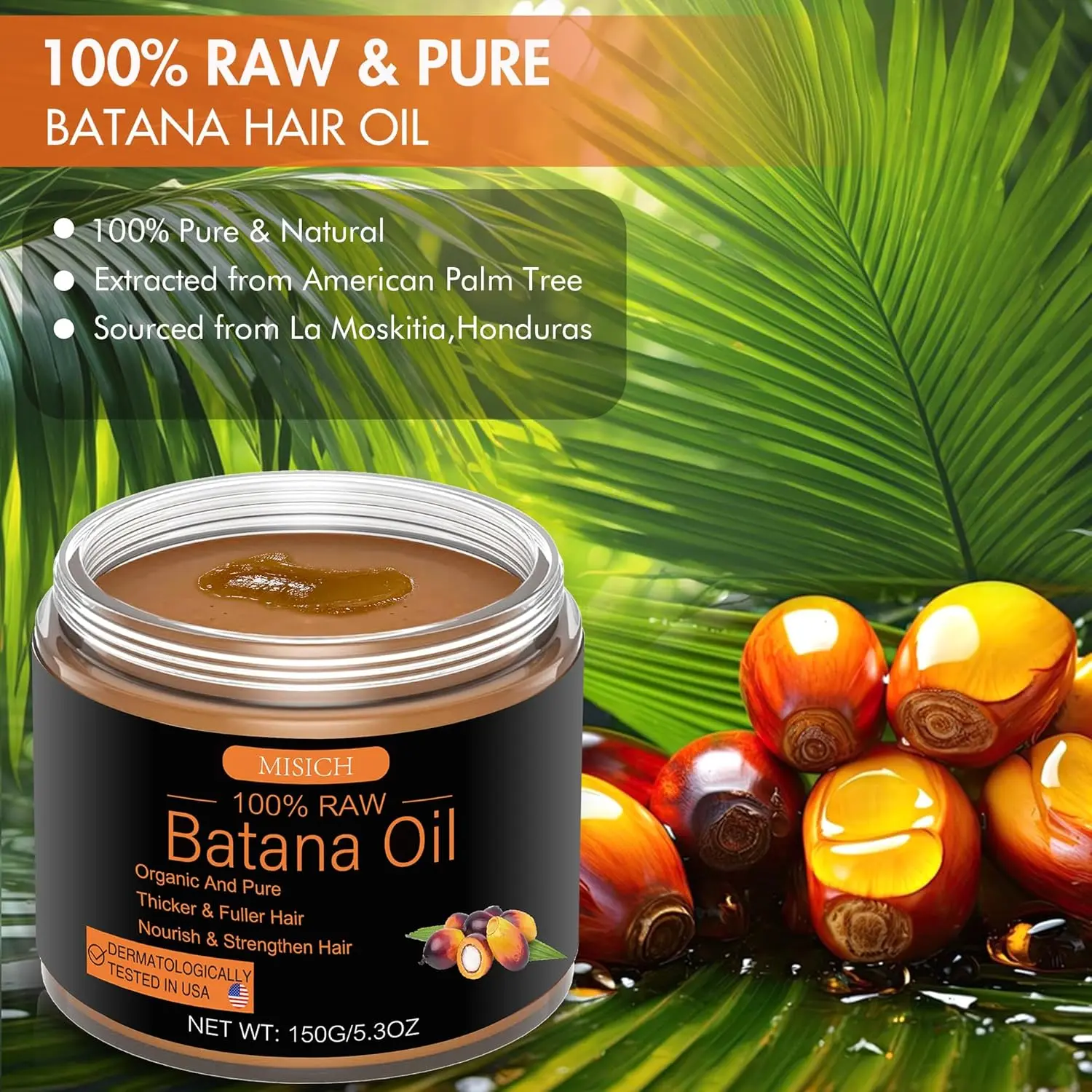 Raw batana oil extracted from American palm tree nuts helps to promote hair growth, moisturizes scalp and repair damaged hair naturally.