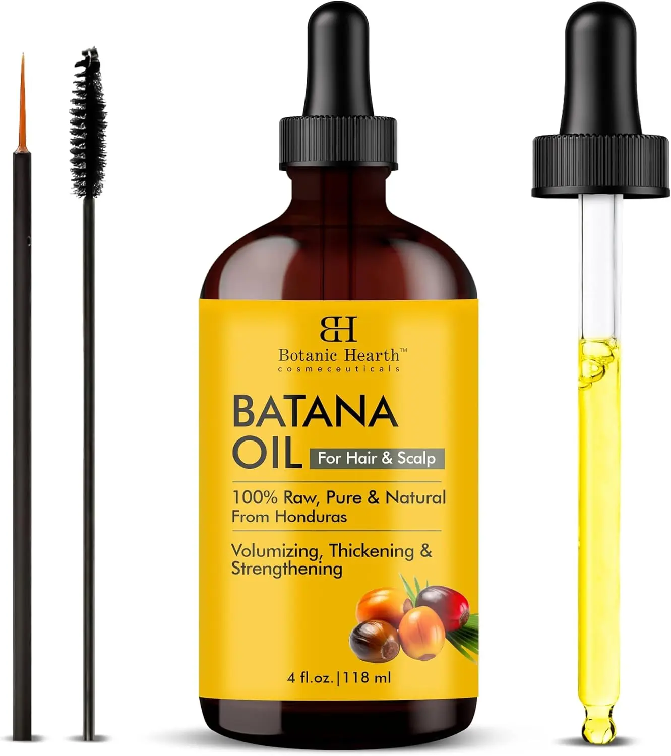 Botanic Hearth batana oil in a 118 ml bottle, a natural hair and skin treatment enriched with botanicals to moisturize and repair damaged hair, promote growth, and nourish skin.