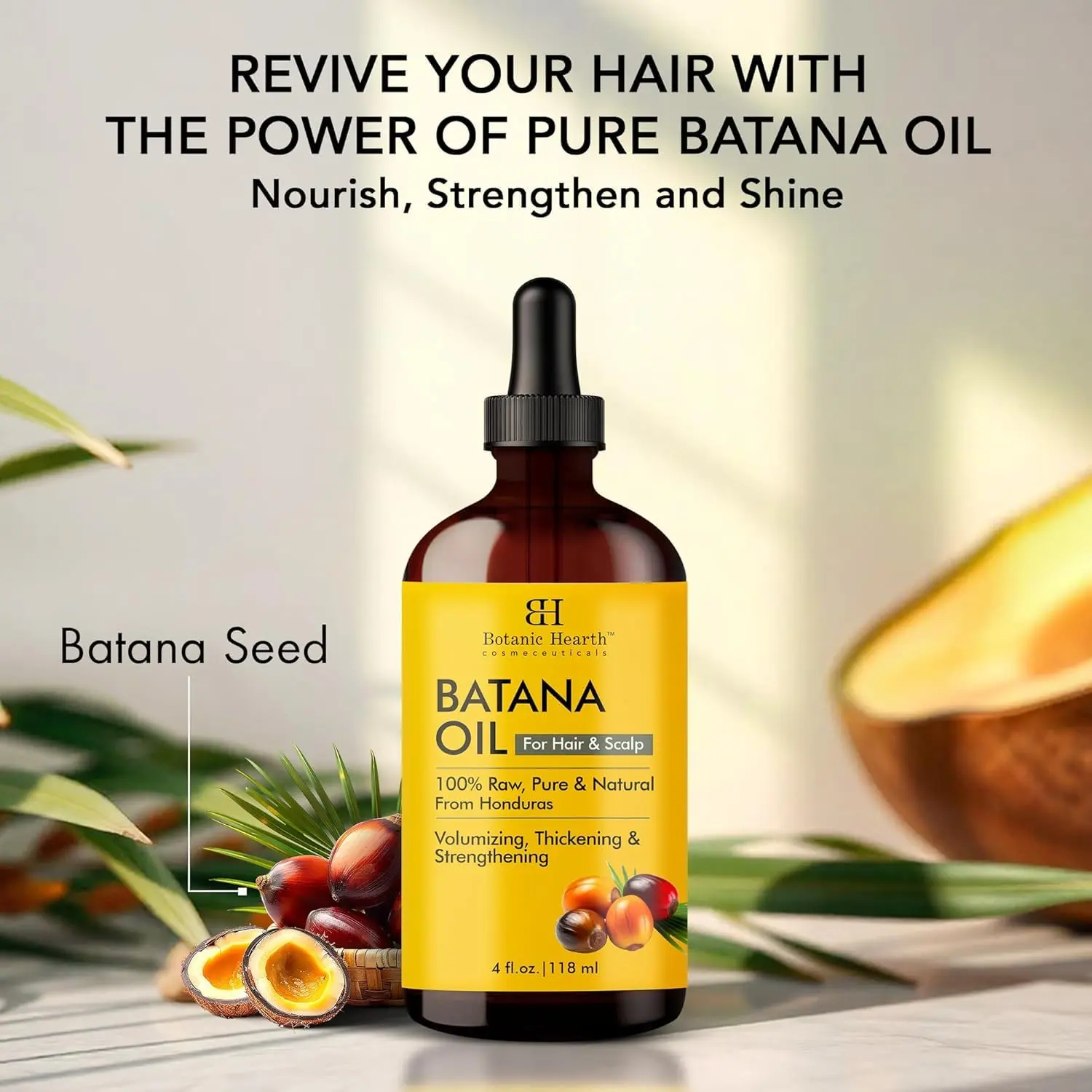 Botanic Hearth batana oil in a 118 ml bottle, a natural hair and skin treatment enriched with botanicals to moisturize and repair damaged hair, promote growth, and nourish skin.