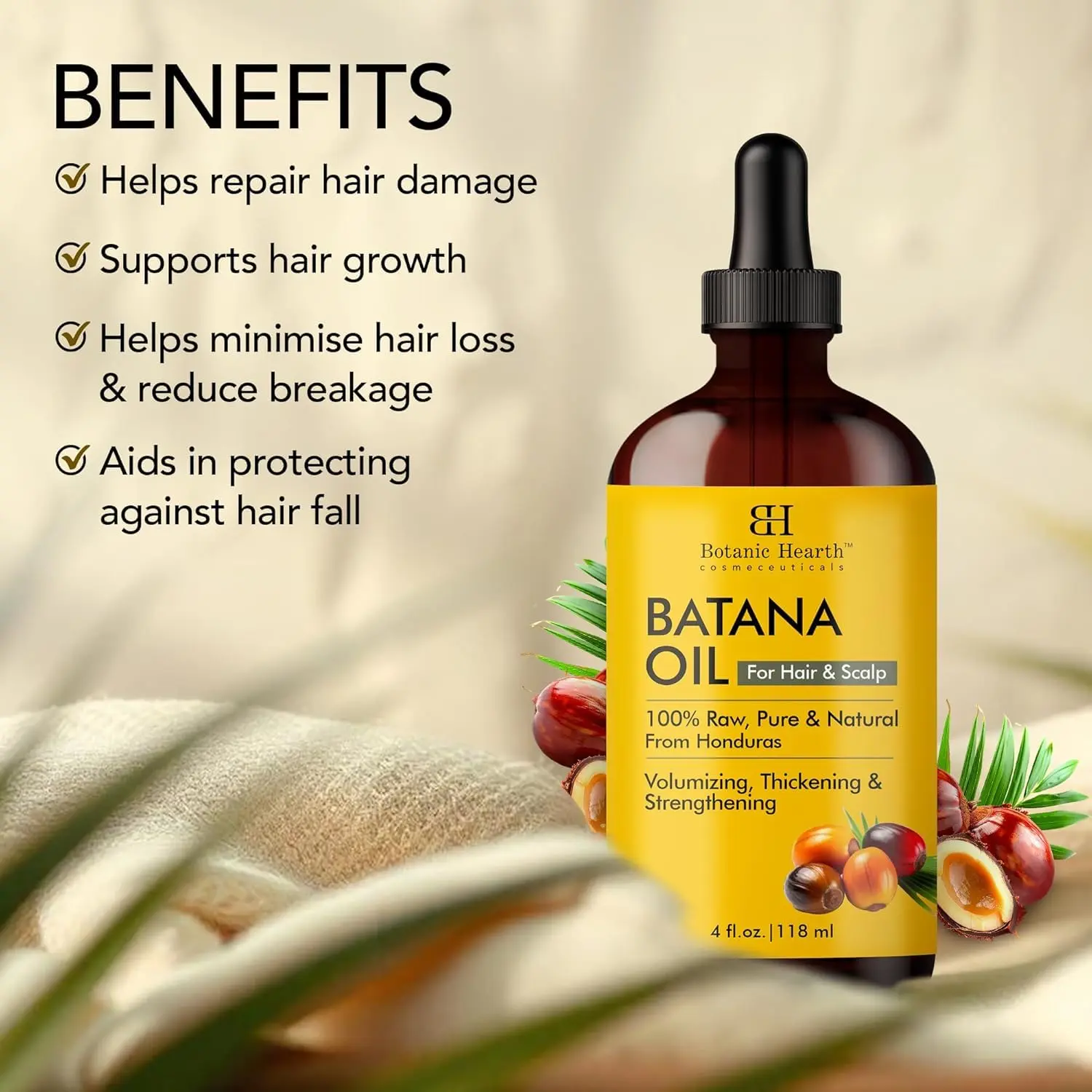Botanic Hearth batana oil in a 118 ml bottle, a natural hair and skin treatment enriched with botanicals to moisturize and repair damaged hair, promote growth, and nourish skin.