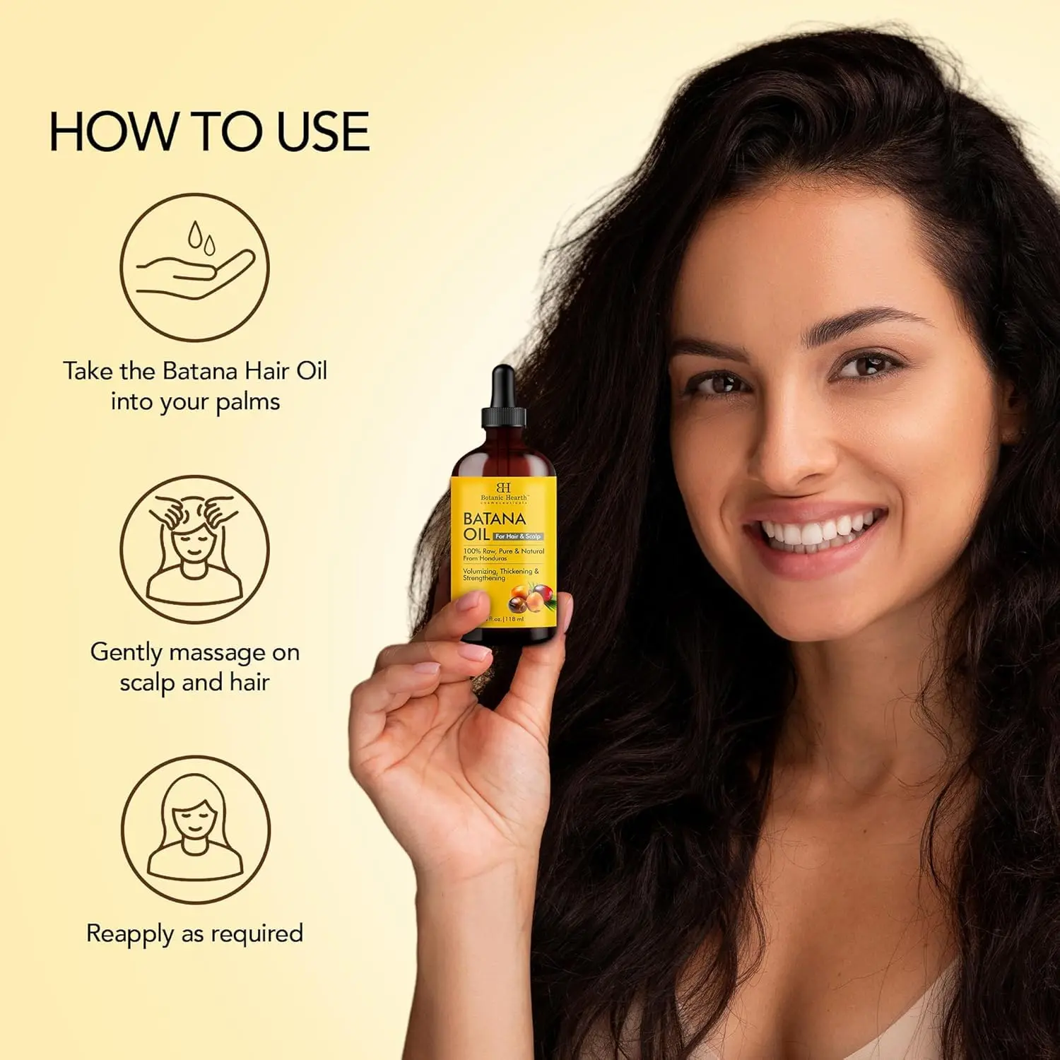 Botanic Hearth batana oil in a 118 ml bottle, a natural hair and skin treatment enriched with botanicals to moisturize and repair damaged hair, promote growth, and nourish skin.