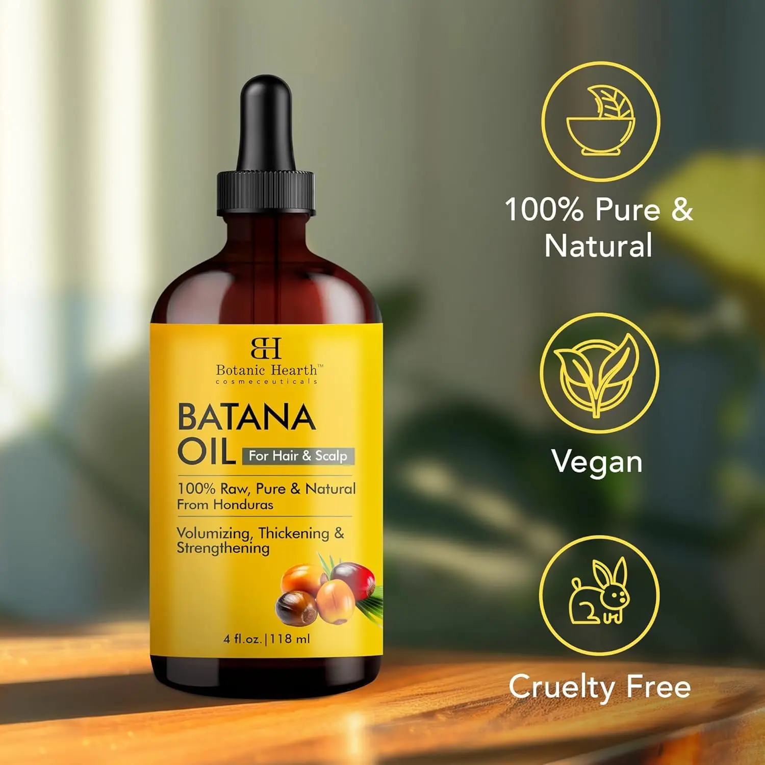 Botanic Hearth batana oil in a 118 ml bottle, a natural hair and skin treatment enriched with botanicals to moisturize and repair damaged hair, promote growth, and nourish skin.